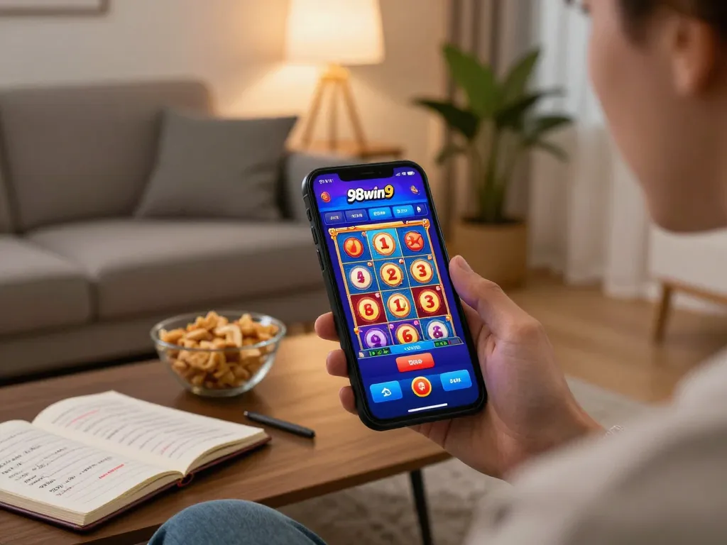Player engaging with the 98win9 casino app on smartphone, enjoying vibrant slot games.