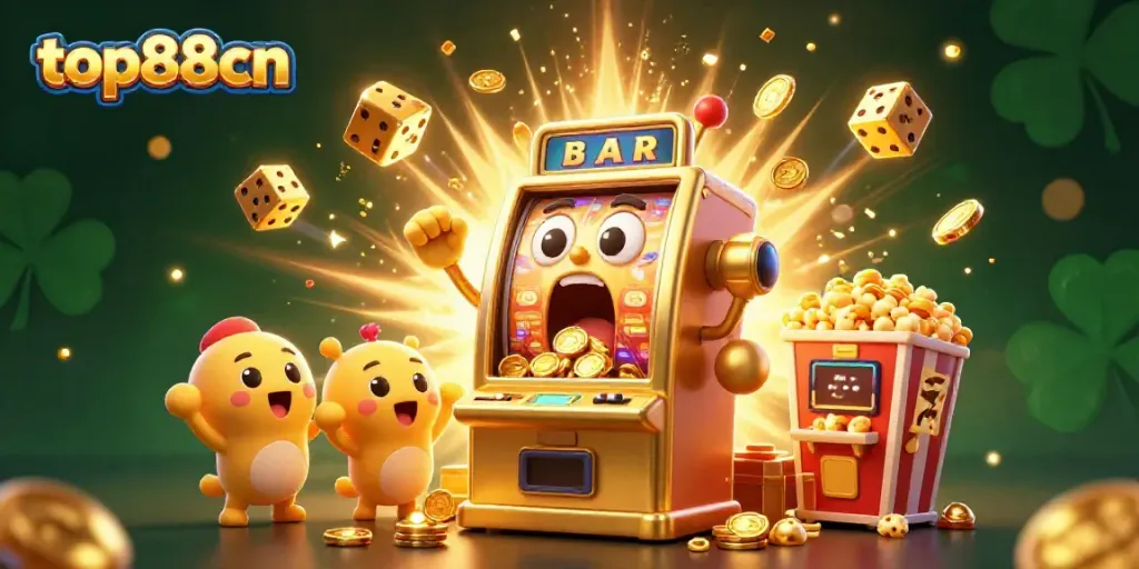 Spin to win on top88cn with a golden slot machine celebrating a jackpot amidst exploding coins and vibrant decorations.