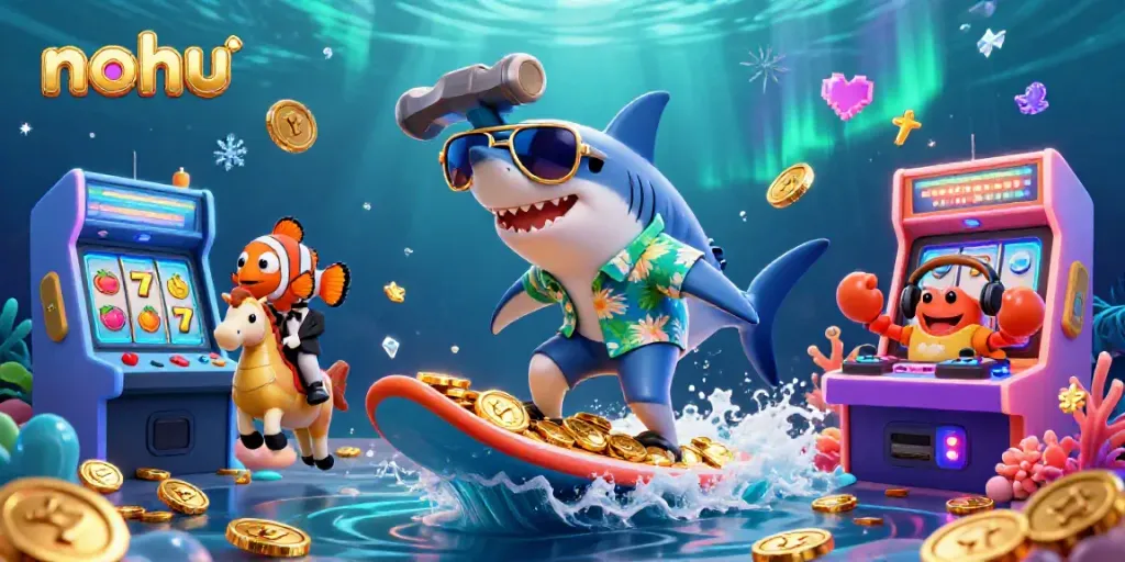 Experience exhilarating gameplay with nohu as a hammer-head shark rides gold coins while slot elements swirl around.
