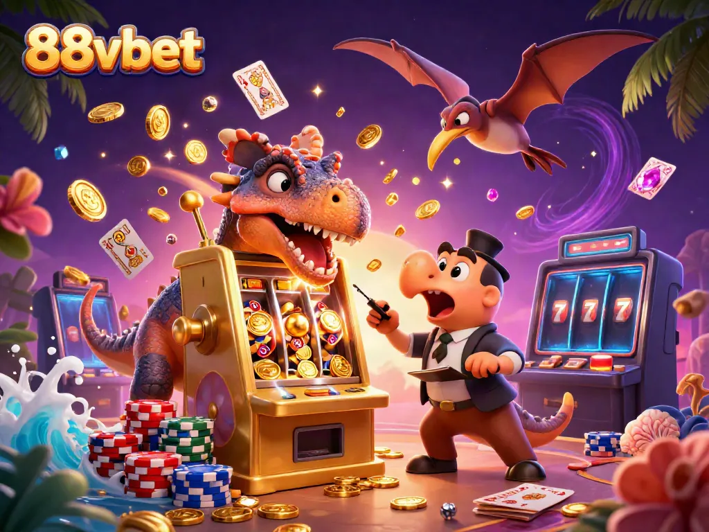 88vbet casino adventure scene with dinosaur characters celebrating a jackpot payout amidst dynamic gaming elements.