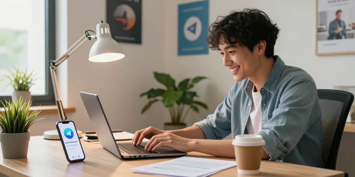 Download Telegram on a laptop in a bright workspace with smartphone and documents
