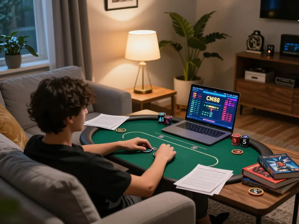 Player strategizing in an online poker game at CM88 while relaxing at home, showcasing modern gaming setup.