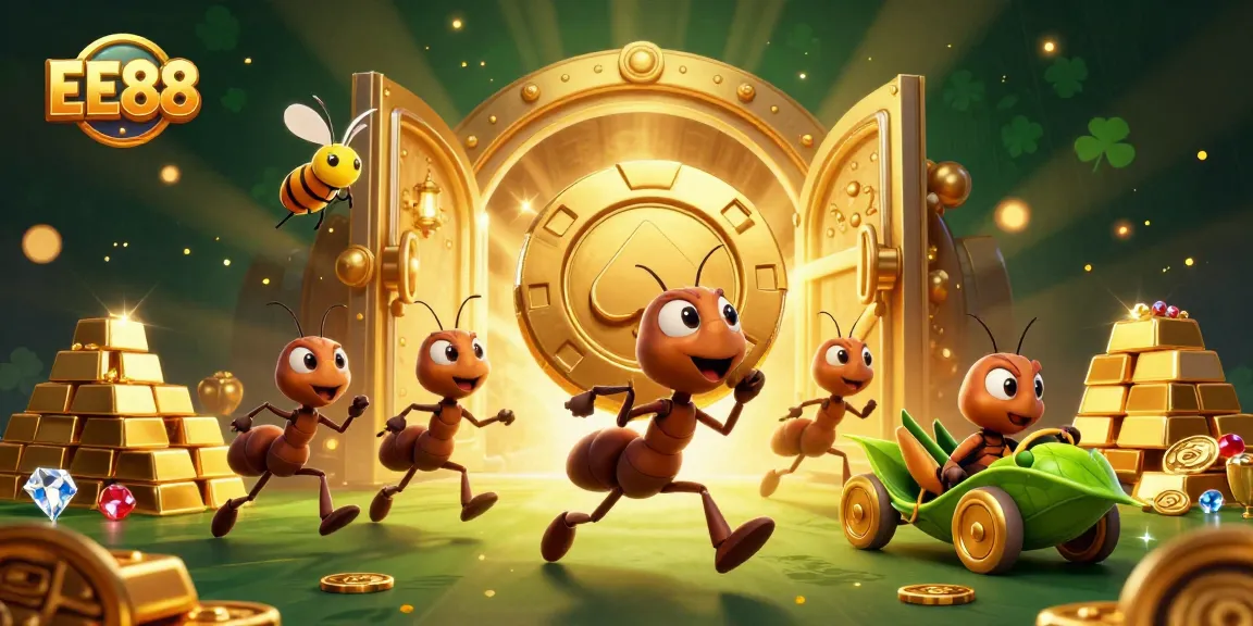 Join the adventurous ants of EE88 as they execute a heist through golden treasures in this vivid illustration.