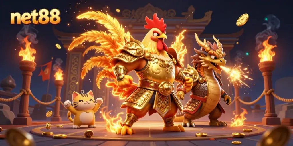 Engaging scene of a rooster warrior and dragon hatchling promoting net88's thrilling gaming experience.