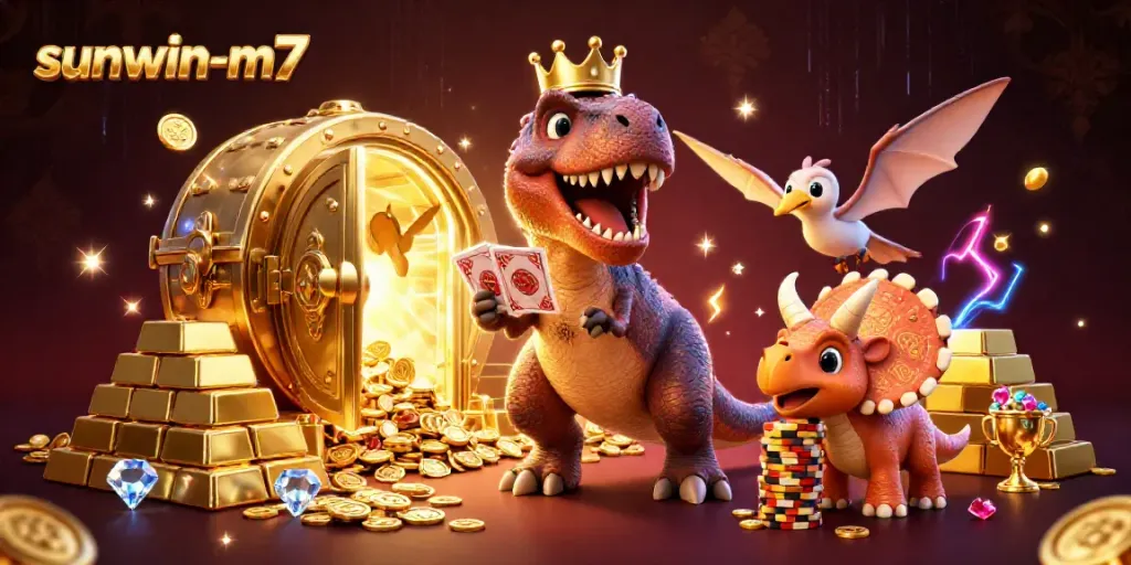Action-packed scene of sunwin-m7 characters engaging in vibrant casino games with cards and chips.