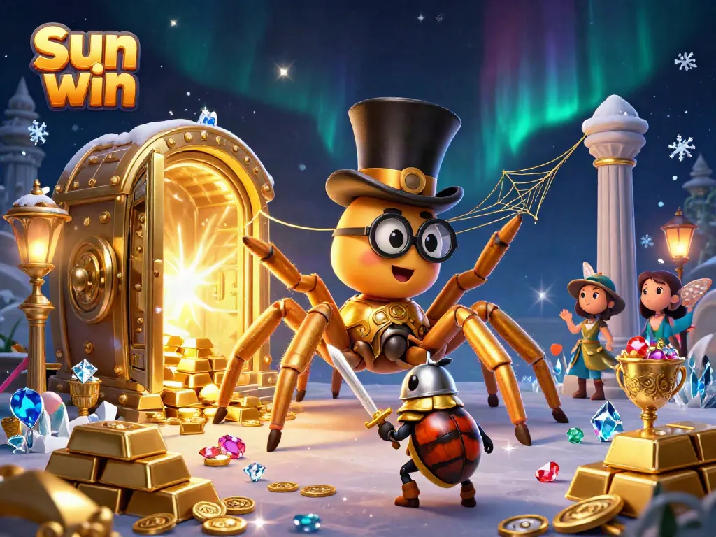 Engage in thrilling gameplay at Sun win, featuring a dynamic cartoon scene of a giant golden tarantula weaving wonders.