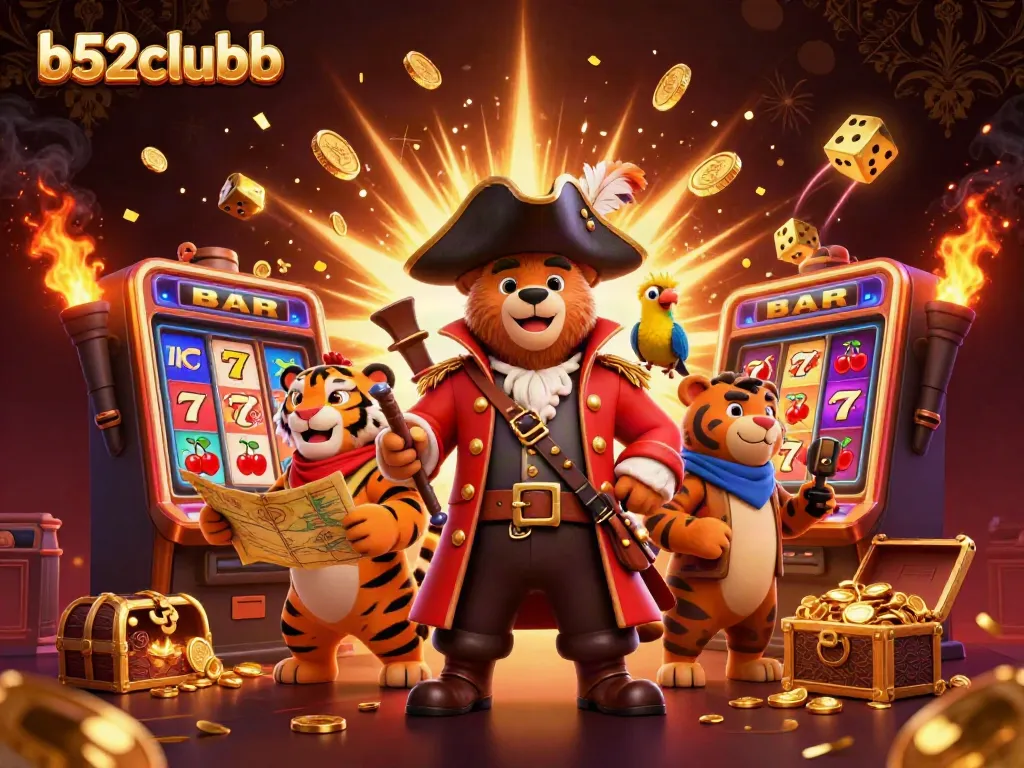 Engage in thrilling gameplay with b52clubb's pirate-themed slot machine and vibrant casino scene.