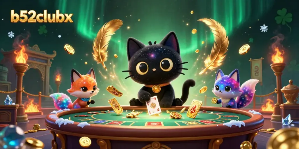Engage with the cosmic excitement at b52clubx as the black hole cat draws in golden chips and cards.