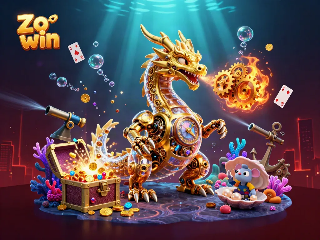 Engage with exciting Zo win games featuring a golden dragon, vibrant treasures, and dynamic casino elements.