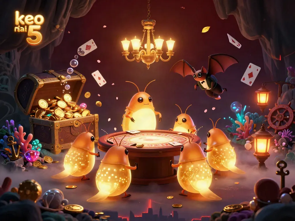 Engage with the vibrant world of keo nha cai 5 as glowworms illuminate a cave casino filled with treasures and games.