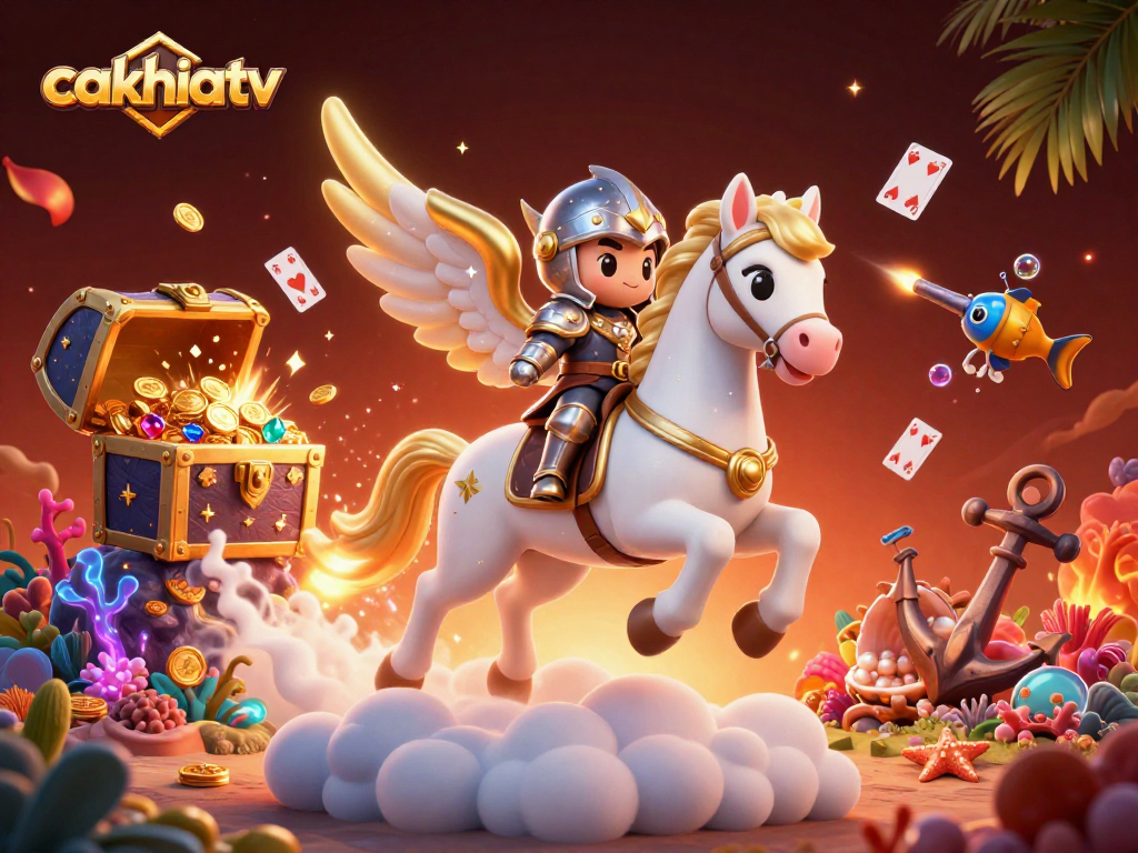 Experience the excitement of cakhiatv with a vibrant 3D illustration featuring a heroic knight and treasure-filled scenes.
