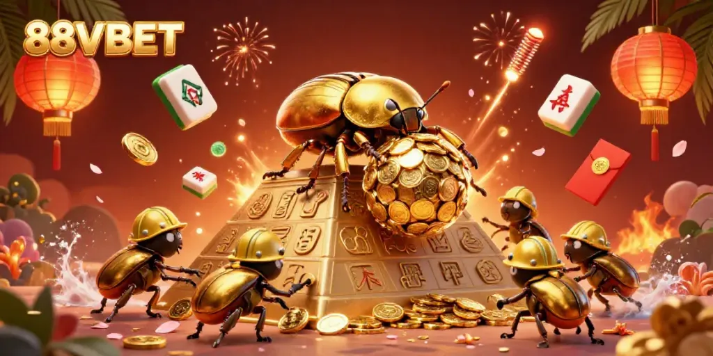 Engage in thrilling gameplay with 88VBET as a golden dung beetle rolls a jackpot of coins.