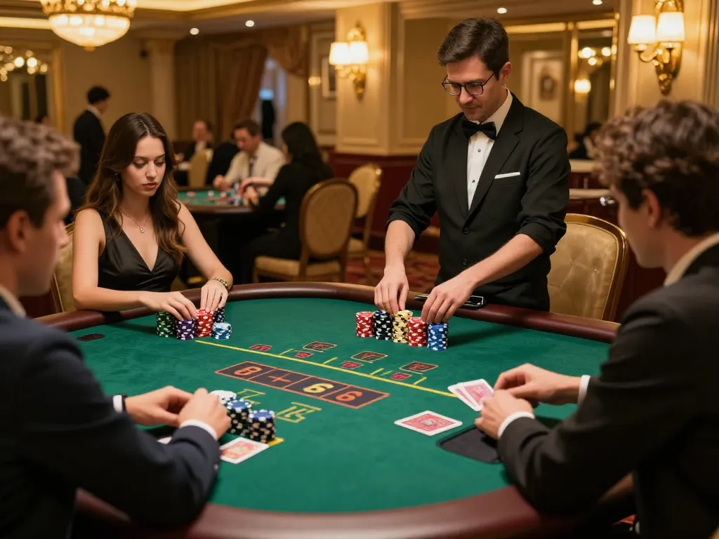 Fun88 players enjoying blackjack, immersed in a thrilling casino environment with professional dealer.