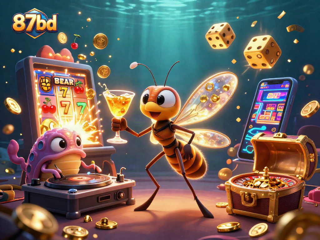 Spin to win with 87bd: A lively 3D casino illustration showcasing a vibrant mosquito mascot and fossil-themed characters.