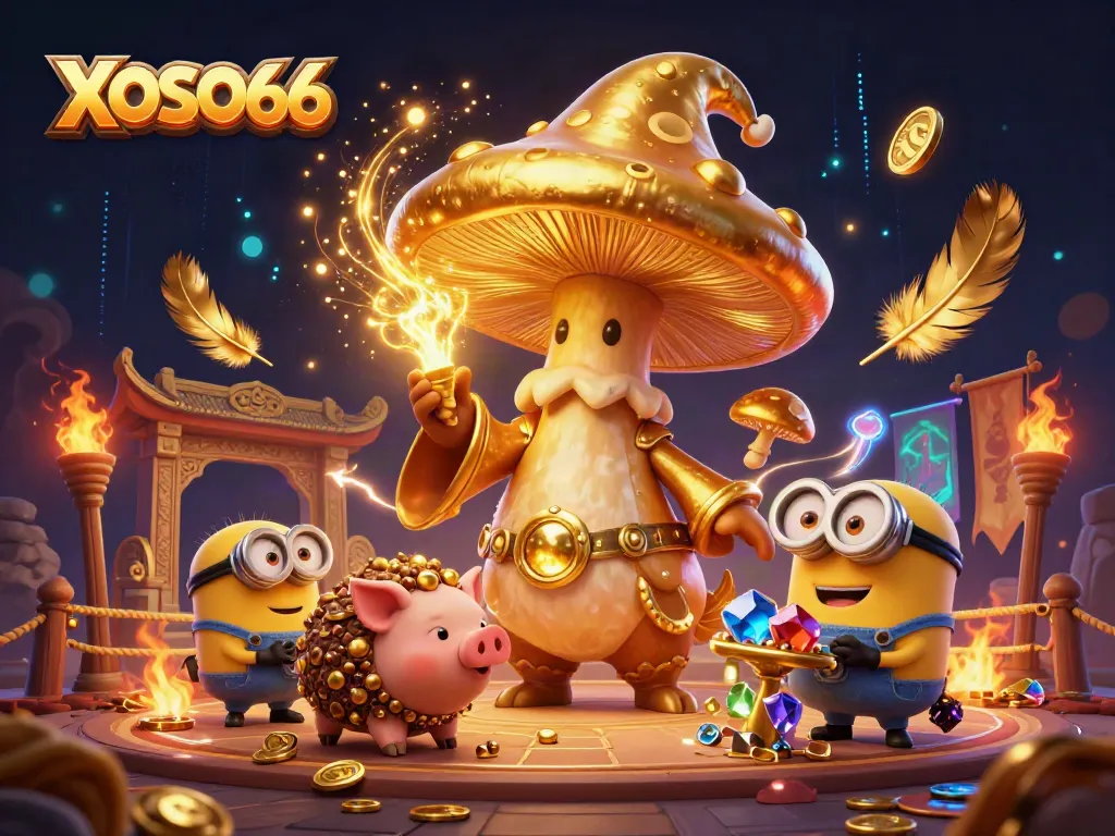 XOSO66 ignites excitement with a vibrant 3D casino scene featuring golden treasures and magical characters.