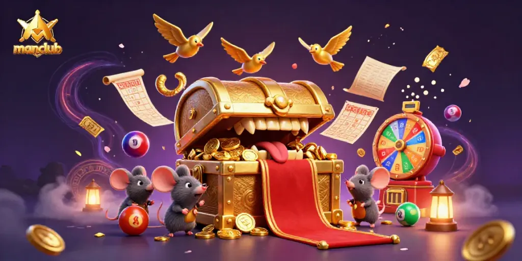 manclub's golden chest entices fortune-seeking adventurers amidst vibrant lottery elements and dynamic gaming action