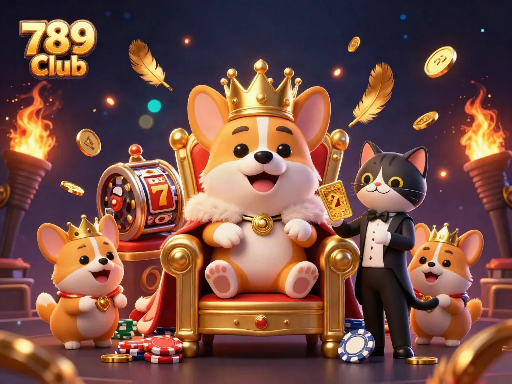 Play exciting games at 789 Club with vivid illustrations of corgis and dynamic gaming elements.