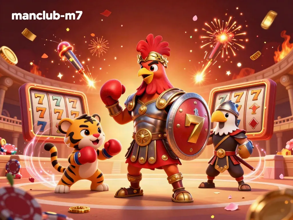 Engage with manclub-m7 in an exciting casino scene featuring a rooster in Roman armor surrounded by slot reels and golden coins.