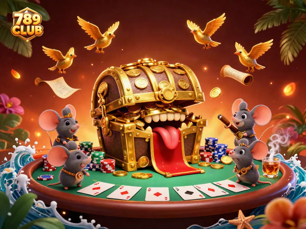 Engage with 789CLUB as adventurer mice are lured by a treasure chest in a dynamic casino scene.