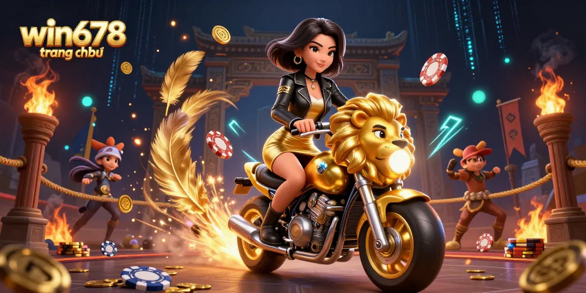 Experience the excitement of win678 trang chủ with a glamorous woman on a golden lion, surrounded by casino elements.