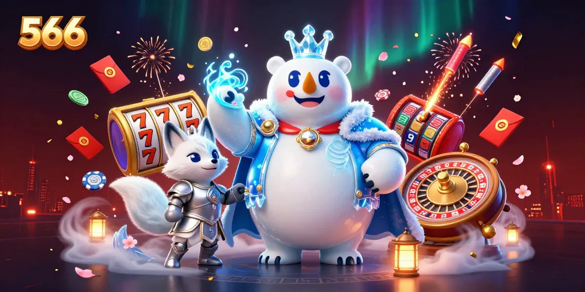 Engage with 566's thrilling casino world featuring a polar bear king and snow fox in a dynamic setting.