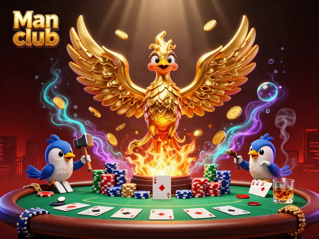 Man club dynamic gambling scene featuring a molten phoenix and poker elements with vibrant casino flair.
