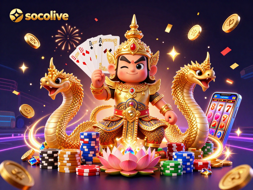 Socolive brings thrilling casino action with vibrant 3D illustration of a temple guardian and lucky gaming elements.