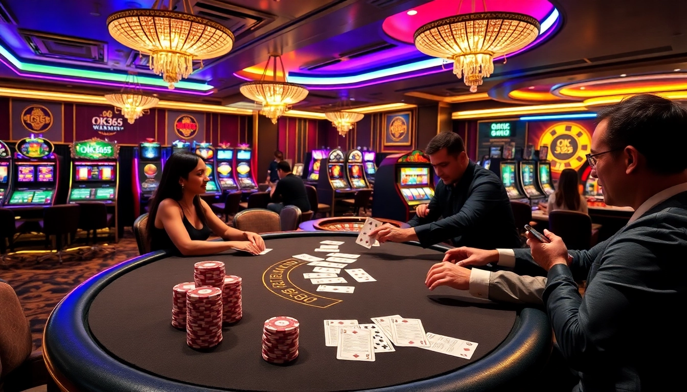 Players engaging in gaming at a luxurious casino table featuring OK365 betting options.