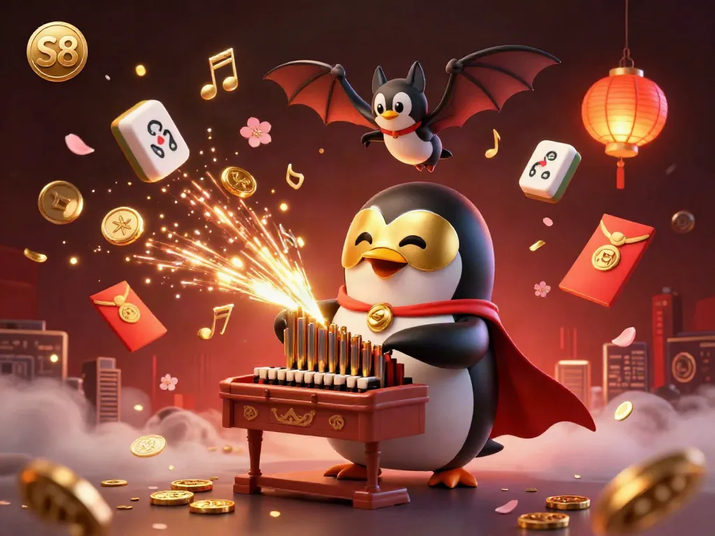 Experience the vibrant energy of S8 with a penguin performing at a grand organ surrounded by golden-themed elements.