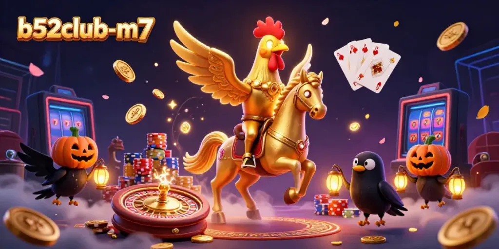 Experience the thrill of the b52club-m7 casino with golden rooster characters amidst spinning wheels and dazzling lights.