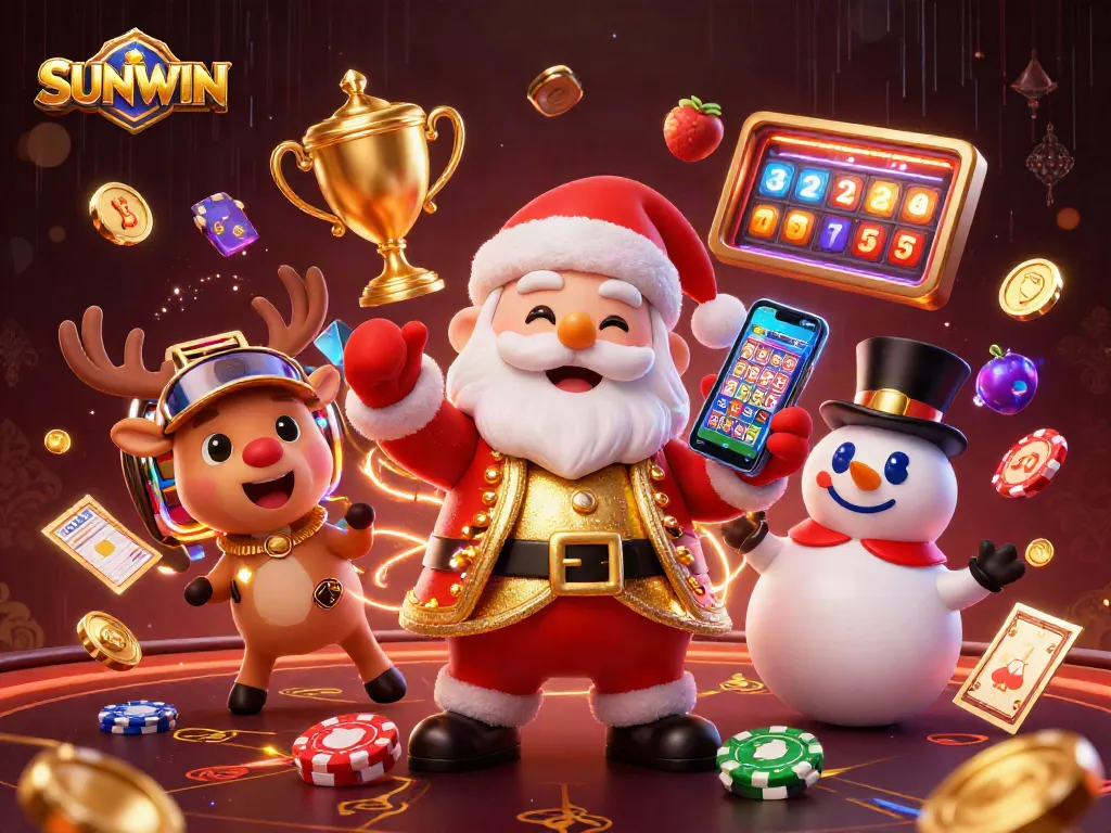 SUNWIN engages players with a festive casino scene featuring Santa, reindeer, and a chip-topped snowman.