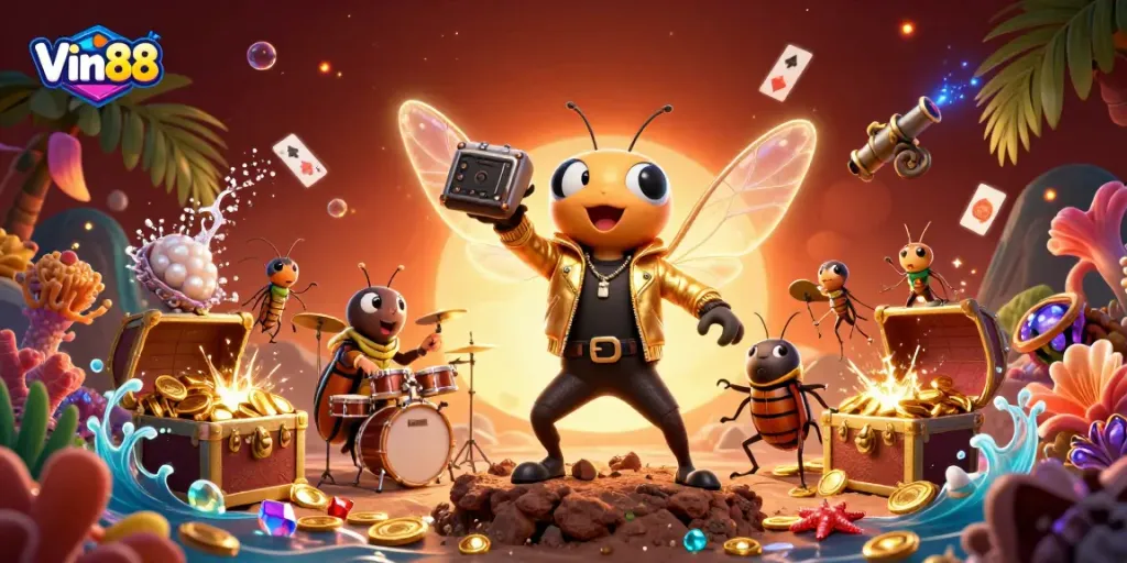 Experience the thrill of Vin88 gaming with this vibrant 3D illustration of animated characters in a dynamic casino scene.