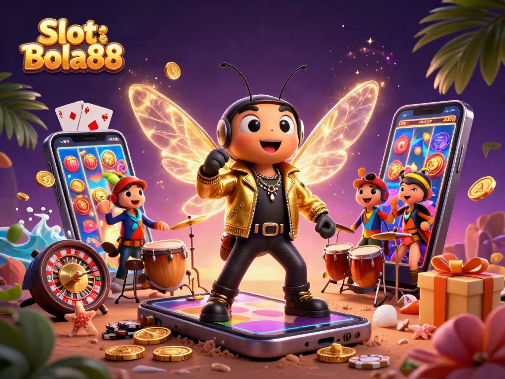 Engage with Slot Bola88 in an electrifying casino scene featuring vibrant characters and dynamic gameplay elements.