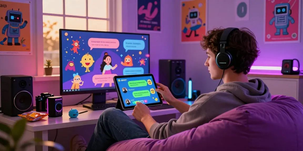 Engaging with an nsfw chat bot on a tablet in a vibrant room with ambient lighting.