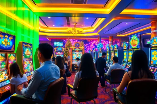 Nổ Hũ online gaming experience with vibrant slot machines and players engaged.