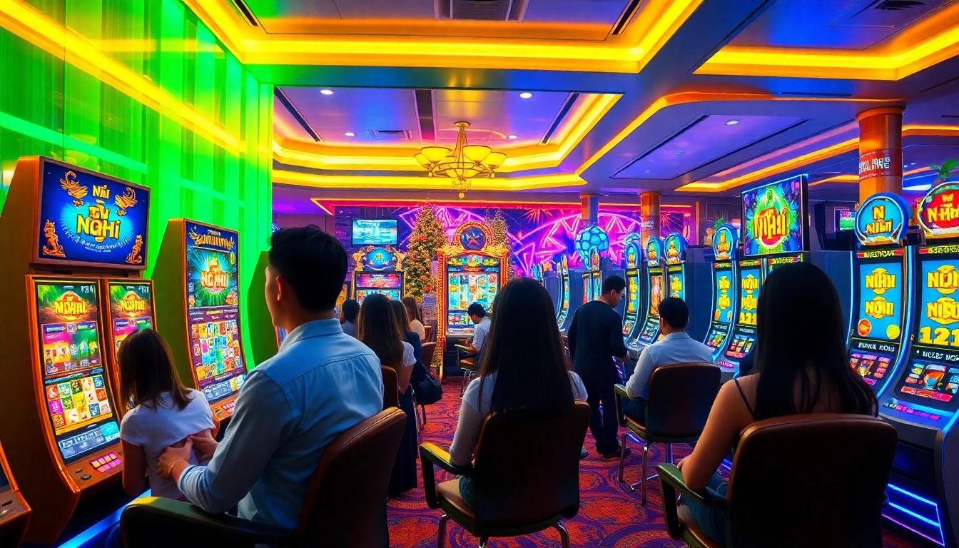 Nổ Hũ online gaming experience with vibrant slot machines and players engaged.