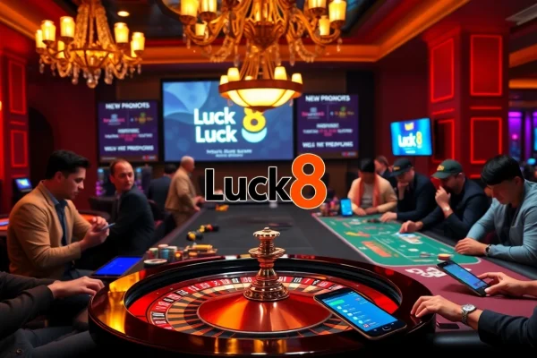 Players enjoying a thrilling game at Luck8 casino table with poker chips and cards.