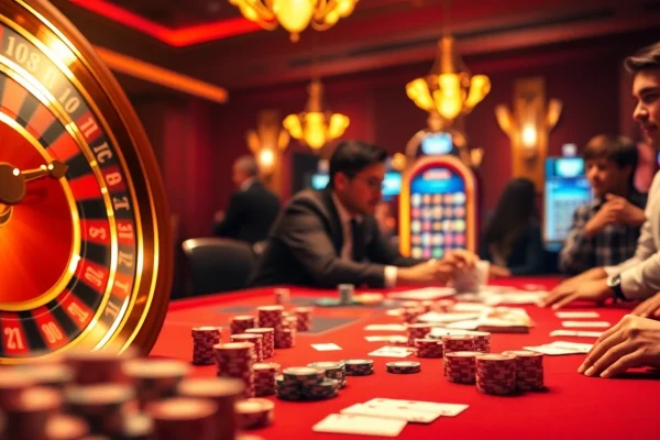 Experience the excitement of DEBET 2 with players enjoying a vibrant casino atmosphere filled with poker chips and roulette.