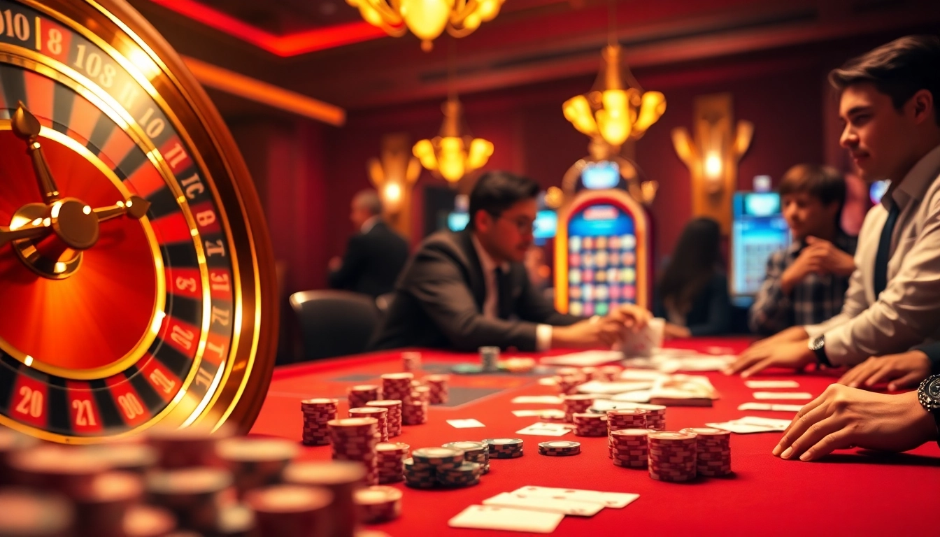 Experience the excitement of DEBET 2 with players enjoying a vibrant casino atmosphere filled with poker chips and roulette.