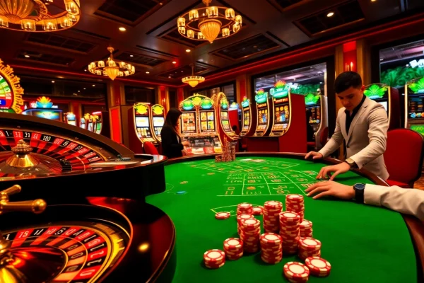 Experience the excitement of online betting at mm88 com with vibrant casino elements and players immersed in the action.