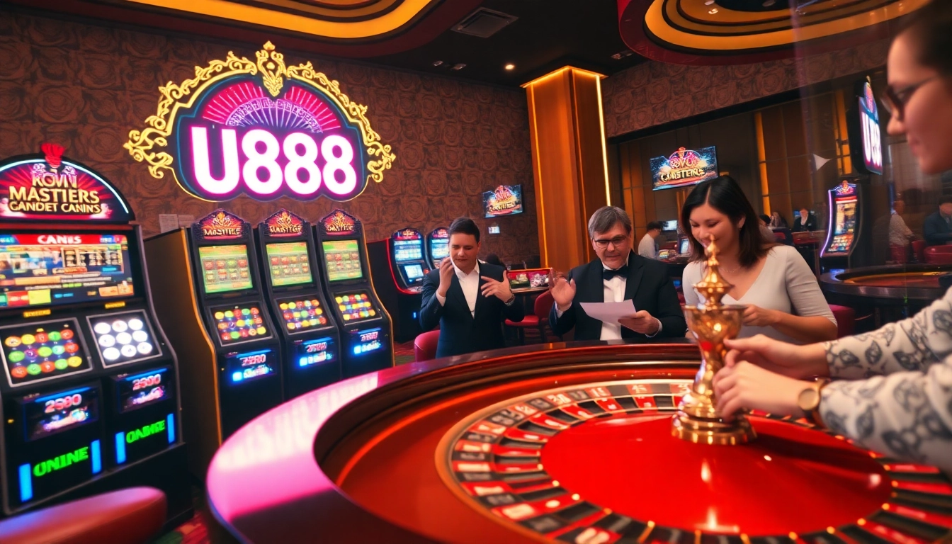 Exciting U 888 online casino scene with vibrant slot machines and a roulette table.