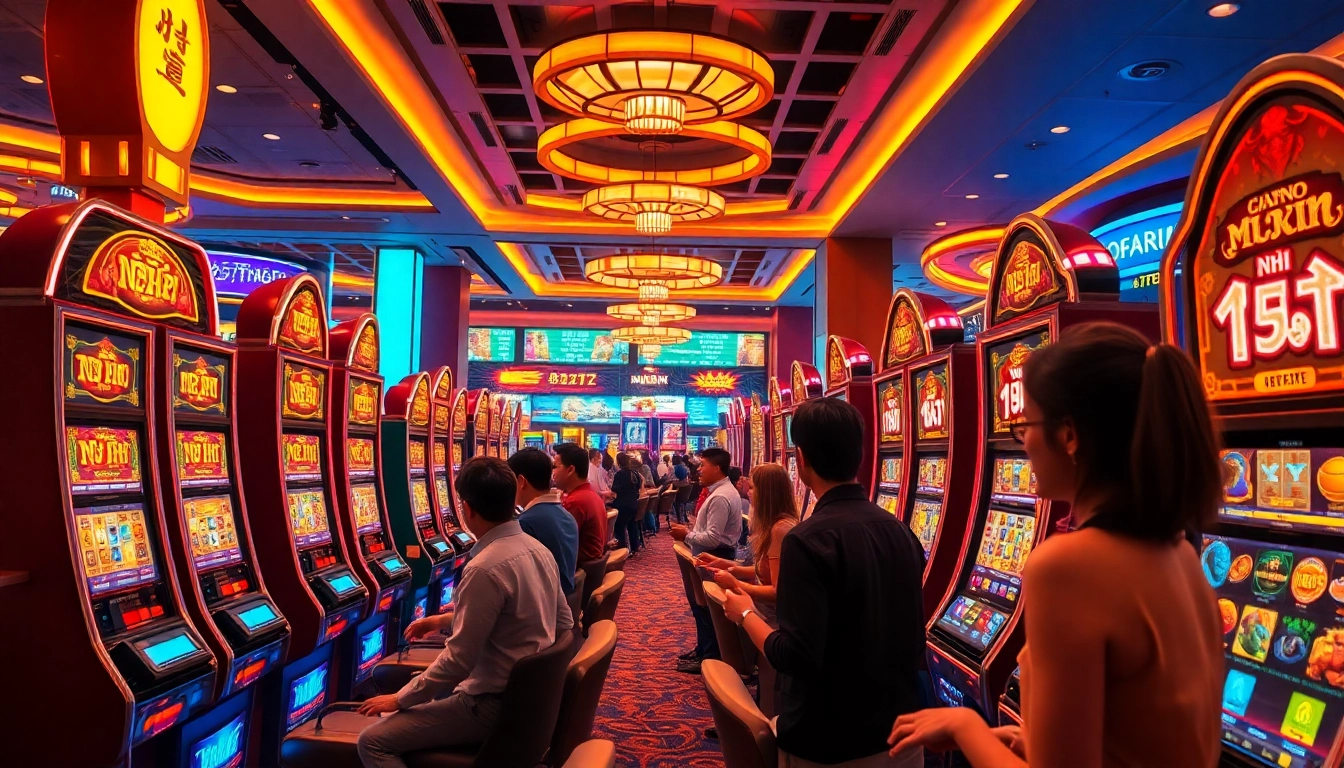 Nổ Hũ slot machines in a lively casino environment with players celebrating wins.