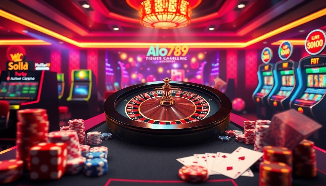Alo789 online casino scene showcasing exciting roulette and poker elements in a luxurious setup.