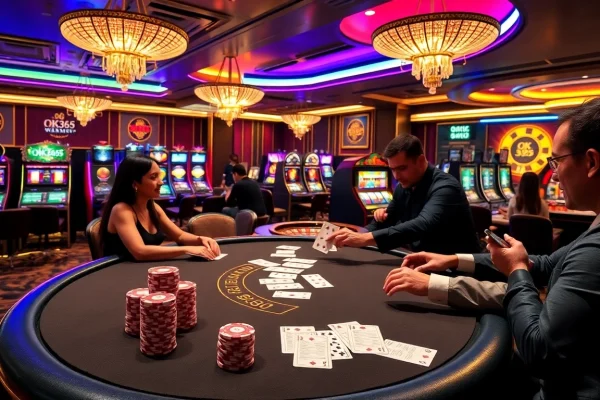 Players engaging in gaming at a luxurious casino table featuring OK365 betting options.