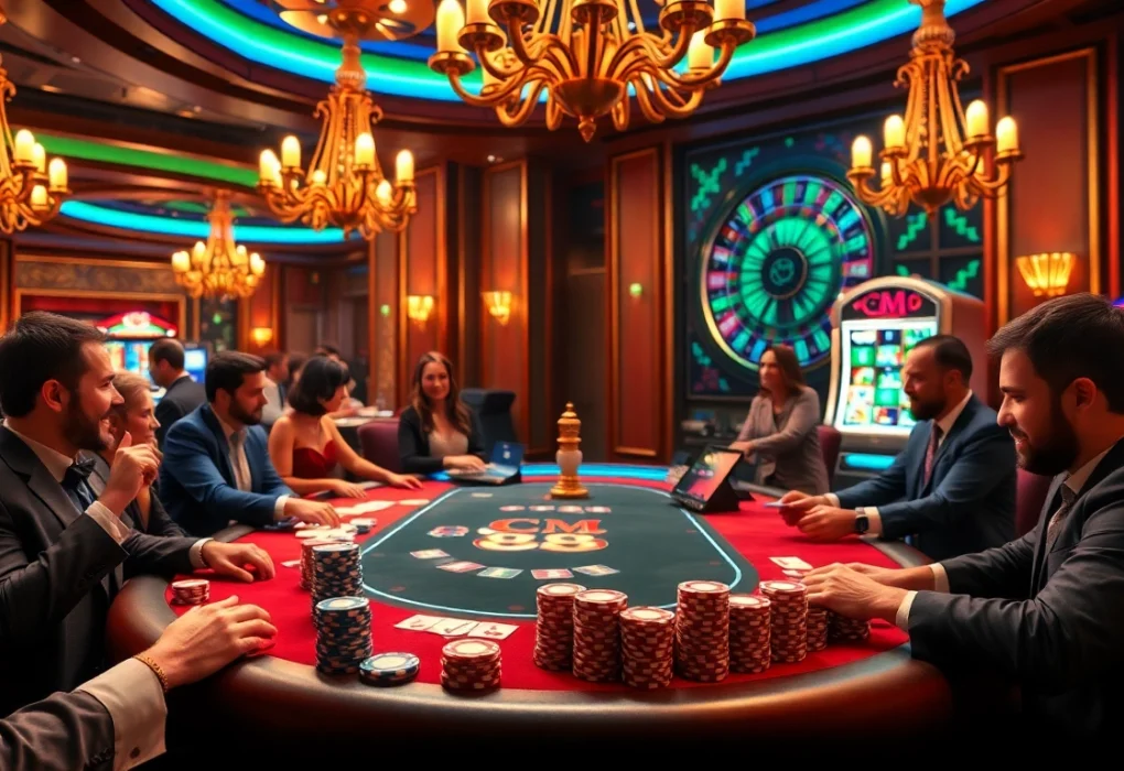 Gambling excitement at a poker table with CM 88 branded chips and cards in play.