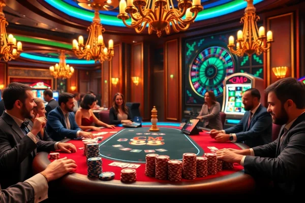 Gambling excitement at a poker table with CM 88 branded chips and cards in play.