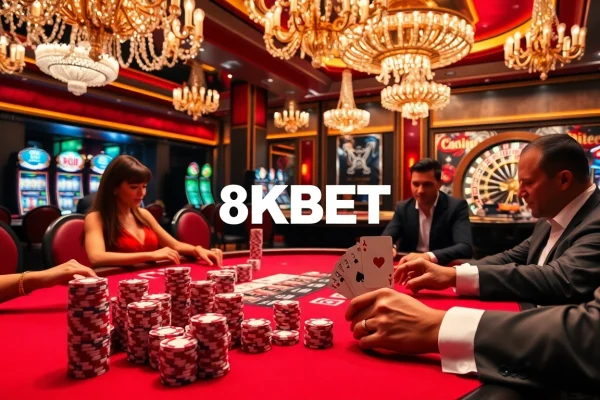 High-stakes poker action at 8KBET casino featuring players and vibrant gaming elements.