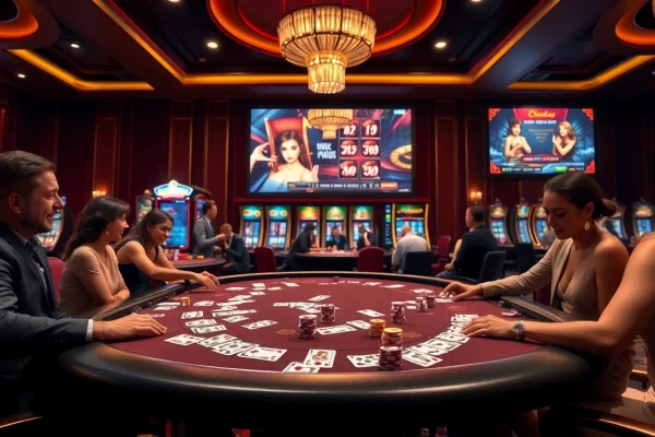 Engaging players at a high-stakes table featuring https://c168.works/ and vibrant casino elements.