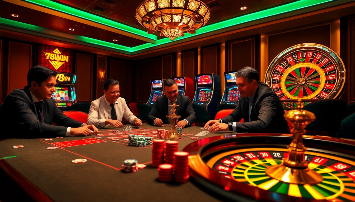 Experience excitement at 78Win's vibrant casino with poker play and glowing slot machines.