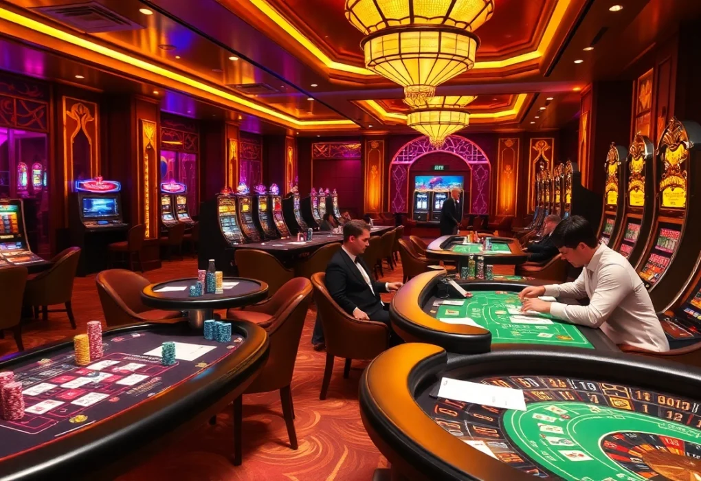 Các người chơi tận hưởng thời gian tại bàn casino KO66 với những chip poker sặc sỡ.
